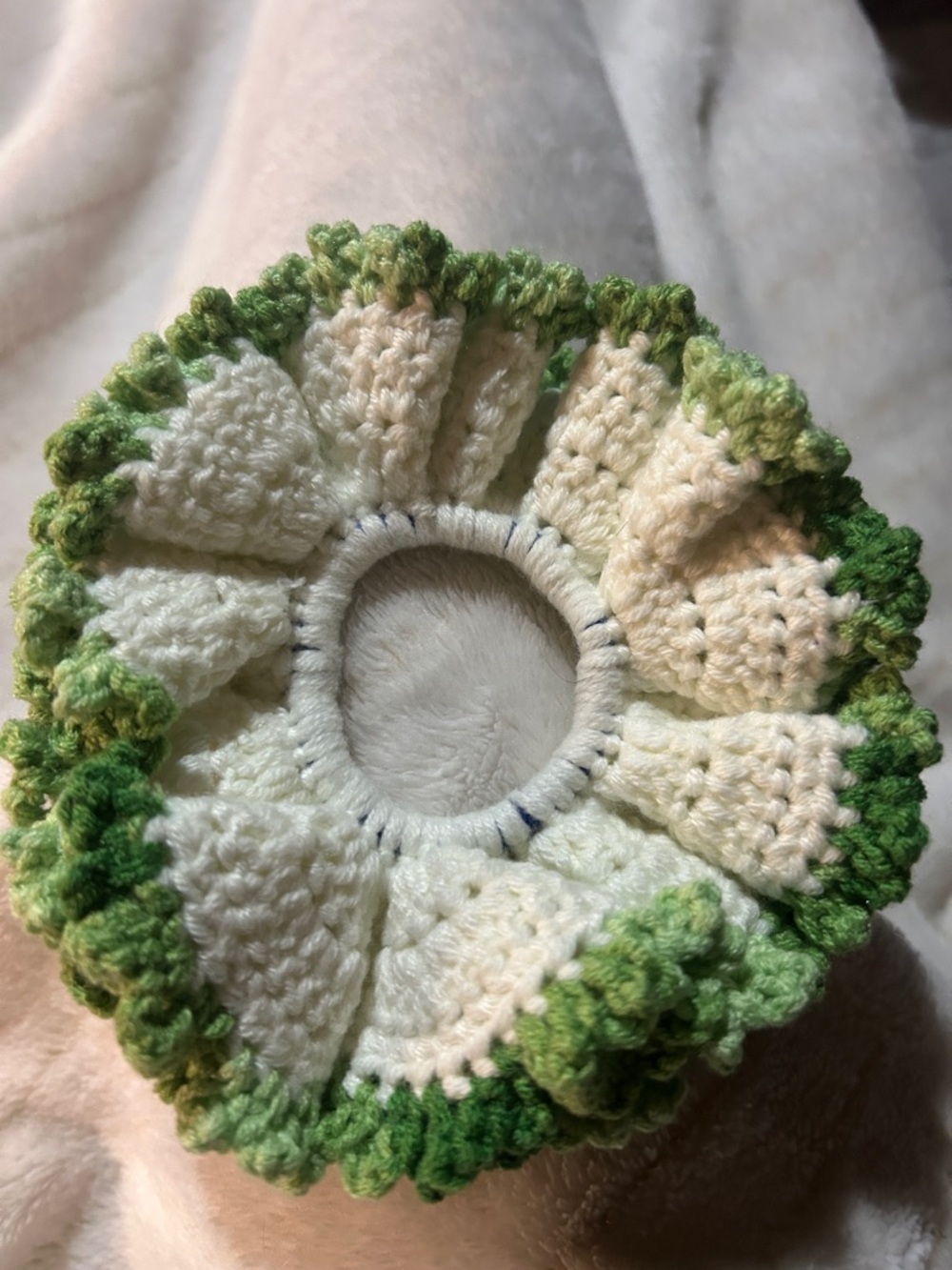 Hand Crafted Cream and Green Crocheted Ruffle Hair Scrunchie